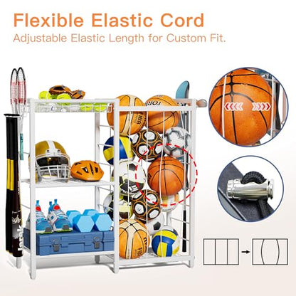 FAMIDGE Sports Equipment Organizer, Ball Storage Rack with Elastic Straps, Garage Sports Organizer Storage Cart with Hooks, Basketball Rack for for golf, Football, Soccer Ball, Bat, White