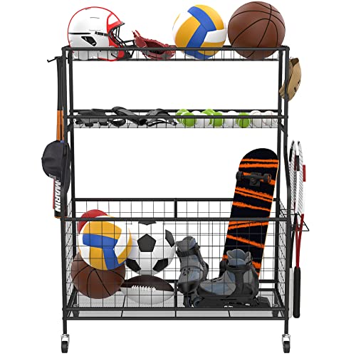 WALMANN Garage Ball and Sports Equipment Organizer, Ball Storage Rack Indoor/Outdoor Kids Balls/Toys Storage Stand, Rolling Ball Cart