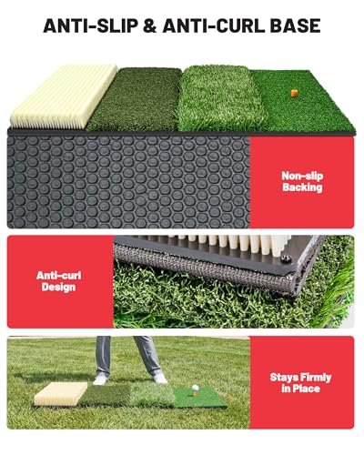 4-in-1 Golf Hitting Mat, Golf Practice Mat with Fairway, Rough, Sand & Tee Turf, Indoor Outdoor Golf Training Mat for Driving, Chipping & Putting with Golf Mat Tees