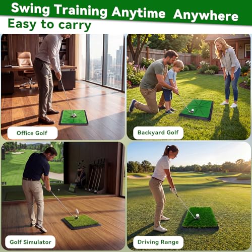 3-in-1 Golf Hitting Mat, 12" x 16" Replaceable Golf Practice Mat with Non-Slip Rubber Base, Golf Training mat for Swing Path, Chipping mat & Putting, Portable for Backyard, Garage, Indoor & Outdoor