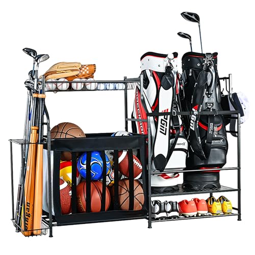 PLKOW Sports Equipment Organizer Rack, Garage Ball Rack, 2 Golf Bag Storage and Sports Gear Organizer for Garage - color: Black, 56.2"Lx15.4"Wx37.2"H
