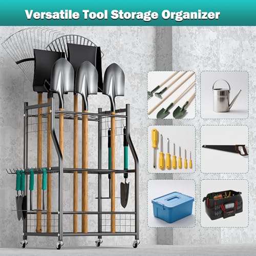 EVERHANGER Garden Tool Organizer Stand, Garage Tool Storage Organization, Yard Tool Racks with lockable wheels, Fit for Long-Handled Tools/Rakes/Brooms, Indoor/Outdoor Use - size: Medium