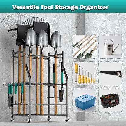 EVERHANGER Garden Tool Organizer Stand, Garage Tool Storage Organization, Yard Tool Racks with lockable wheels, Fit for Long-Handled Tools/Rakes/Brooms, Indoor/Outdoor Use - size: Medium