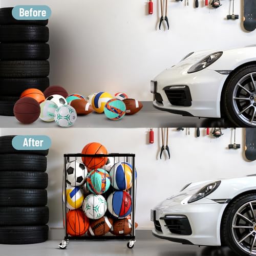 TomCare Garage Ball Rolling Storage Rack Large Capacity Basketball Holder with Elastic Rope [Hold 12-15 Balls][Easy to Take] Garage Sports Equipment Organizer cart with Wheels for Home, Outdoor Use