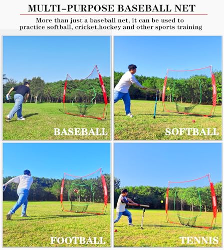 7x7ft/8x8ft Baseball Softball Net with Steel Frame for Batting, Hitting, Pitching, Portable Baseball Batting Net with Carry Bag, Great for All Levels - size: 8FT Red