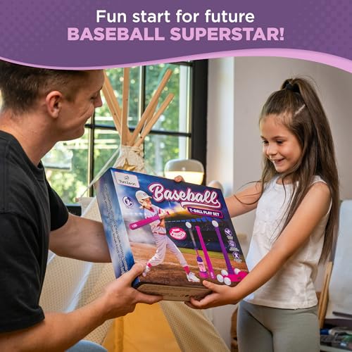 T Ball Stand for Kids and Toddlers 1-3, 3-5, 5-8. Baseball Set Includes 6 Large Balls, an Adjustable Tball Batting Tee, and a Pitching Machine. Kids Bat and T-Ball Set - style: PINK T BALL