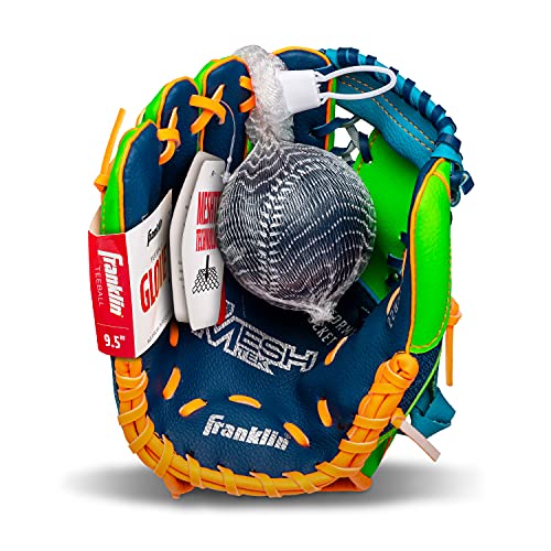 Franklin Sports Kids Baseball Glove + Foam Ball Sets - Meshtek Youth Teeball Gloves for Kids + Toddlers - Left + Right Hand Throw - 9.5" Inch - color: Navy/Lime/Orange