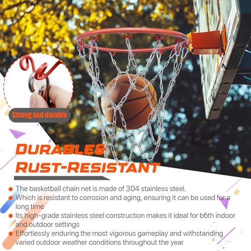 304 Stainless Steel Basketball Net, Heavy Duty Chain Braided Replacement, Durable Standard Basketball Net(12 Links), Rust-Proof & Easy to Install, Fit for Indoor and Outdoor Use