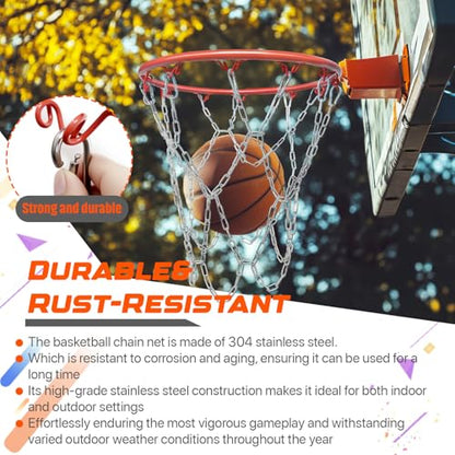 304 Stainless Steel Basketball Net, Heavy Duty Chain Braided Replacement, Durable Standard Basketball Net(12 Links), Rust-Proof & Easy to Install, Fit for Indoor and Outdoor Use