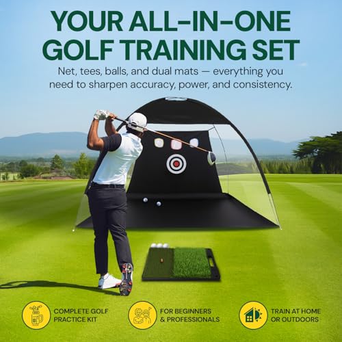 Golf Practice Net with Dual Mats, 3 Tees & 5 Balls – Golf Training Net for Indoor/Outdoor Swing Practice, Backyard Driving & Chipping Set, Portable Training Aid, Great Gift for Men