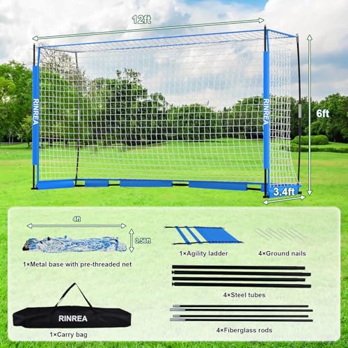 RINREA Portable Soccer Goal, Collapsible Soccer Goal Net Metal Base, Quick Setup Soccer Training Equipment with 1 Carry Bag, 1 Agility Ladder, 4 Ground Nails - color: Standard Blue