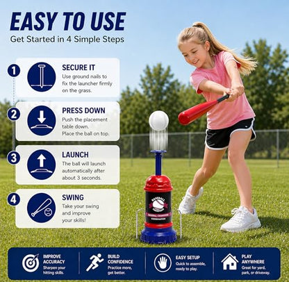 Pop Up Baseball Trainer Set for Kids, Backyard Fun, No Pitch Needed, Beginner Batting Practice Toy with Launcher, Bat, Balls & Carry Bag (Red) - color: Red