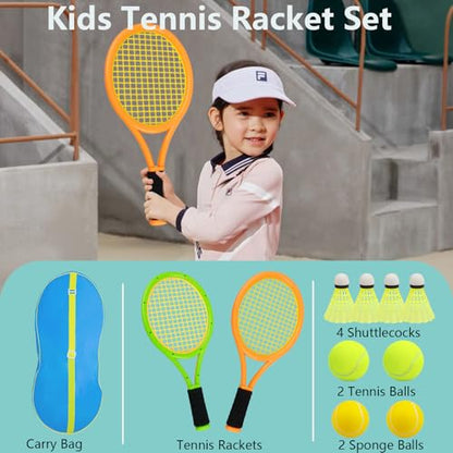 Kids Tennis Racket 17 Inch Lightweight for Junior Toddlers - Includes 2 Tennis Balls, 2 Sponge Balls, 4 Shuttlecocks & Carry Bag - color: Green & Orange