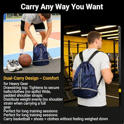 Outdoor Men Football Basketball Bag Gym Swimming Drawstring Bags Women Waterproof Oxford Backpack (Navy Blue) - color: Navy Blue