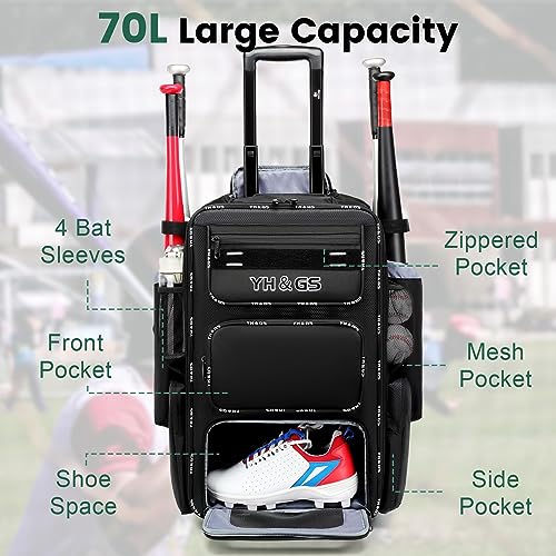 Rolling Baseball Bag,Wheeled Softball Bag with Fence Hook for TBall Bat & Equipment,Lightweight Baseball Bat with Shoe Compartment - color: Black