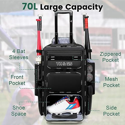 Rolling Baseball Bag,Wheeled Softball Bag with Fence Hook for TBall Bat & Equipment,Lightweight Baseball Bat with Shoe Compartment - color: Black