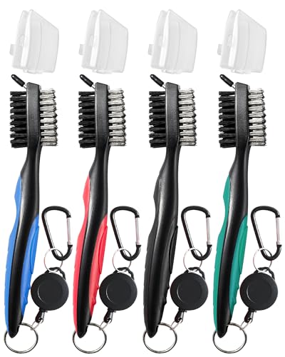 POIKSHARK Golf Club Brush and Club Groove Cleaner with Retractable Zip-line and Aluminum Carabiner Cleaning Tools - color: 4 Pack-Black/Red/Blue/Green