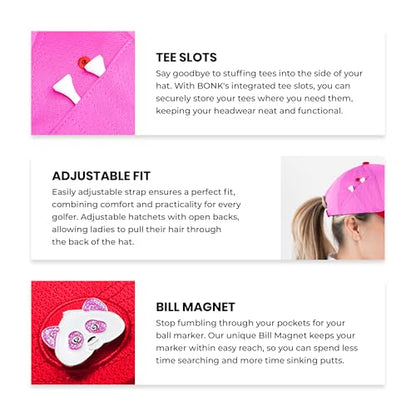 Ladies Adjustable Hats - Tee Holder with Tees & Bill Magnet with Ball Marker - 100% Custom Made - color: Galentines Bonk, style: Center