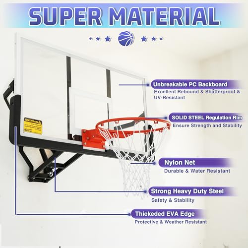 54.5" Wall Mounted Basketball Hoop ，Shatterproof PC Backboard Basketball Goal with Adjustable Height for Garage, Indoor & Outdoor Use