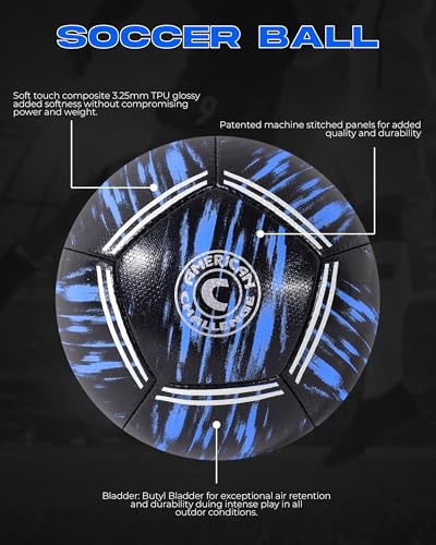 Kura Soccer Ball – Professional Training Soccer Ball for Grass Fields – Durable TPU Machine Stitched Soccer Balls – Sizes 3, 4 & 5 – Outdoor Practice & Match Play - size: 5, style: Black/Sky Blue