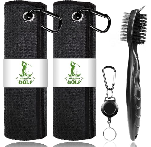 ATTRACTIVE Golf Towels, Microfiber Waffle Pattern Towels - Golf Club Brush with Cleaning (2 Black Towel+Black Brush) - color: Black