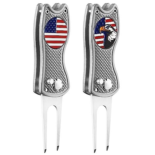FINGER TEN Golf Divot Repair Tool and Ball Marker Switchblade Value Pack, Foldable Magnetic Stainless Steel with Pop-up Button for Men Women - color: 2 in Silver+2 Ball Marker