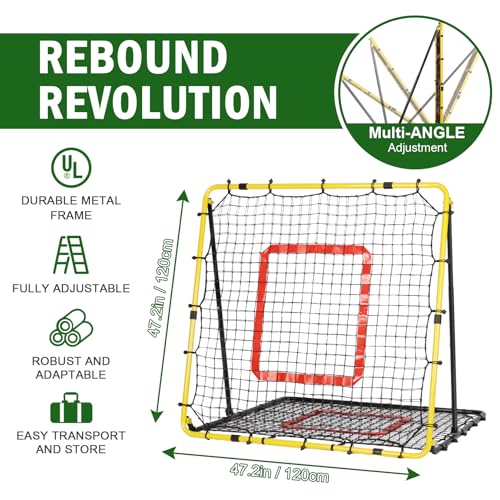 BaseGoal Baseball and Softball Rebounder Net,Baseball Rebounder,Volleyball Rebounder,Pitch Back Net,Multi-Sport Training Rebound Screen,with Pitching Target,Easy Adjustable Angles - style: 47x47 in Yellow