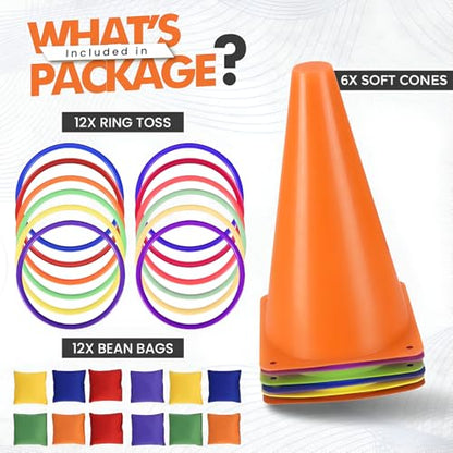 CircleCraft 31 Pcs. Plastic Cones and Rings Games Ring Toss Games for Adults, Carnival Games for Kids, Bean Bag for Kids Games Birthday Party, Yard Game, Sports & Outdoor Game for Family Party