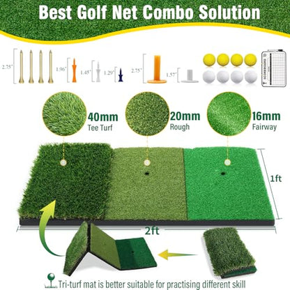 Golf Net, 10x7FT with Golf Practice Mat, Hitting Aid Net with Multi Targets Training for Backyard Driving Chipping Indoor Outdoor Use, 7-Ply Anti-Tear Netting & Carry Bag, Gifts for Men Dad Him Golfer