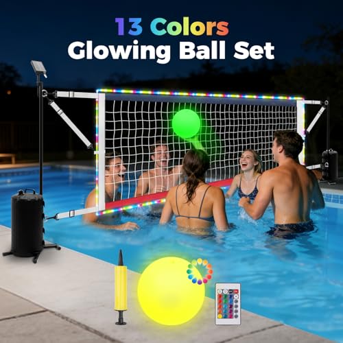 Pool Volleyball Net Set with Solar LED Lights, Adjustable 15-32ft Water Volleyball Net for Inground Pools with Glow Ball, Pump & Weighted Bases, Outdoor Pool Games for Kids Adults Family
