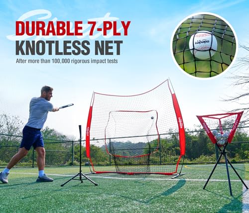 Zupapa Baseball Softball Practice Combo - 7 X 7 Feet Net Tee Caddy 12 Pack Baseballs Set, Upgraded Vivid Strike Zone, Baseball Backstop Practice Net for Hitting Pitching Batting Catching - color: Red