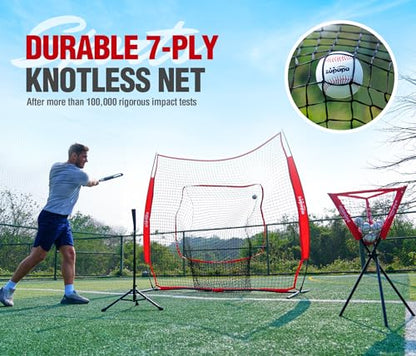 Zupapa Baseball Softball Practice Combo - 7 X 7 Feet Net Tee Caddy 12 Pack Baseballs Set, Upgraded Vivid Strike Zone, Baseball Backstop Practice Net for Hitting Pitching Batting Catching - color: Red