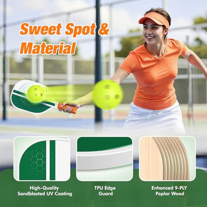 Pickleball Paddles Set of 4, USAPA Approved Pickleball Set of 4 with 4 Pickleball Balls & 1 Carry Bag Premium Wooden Cute Pickle Ball Paddles Grip Gifts for Women Youth Men - color: Green/White