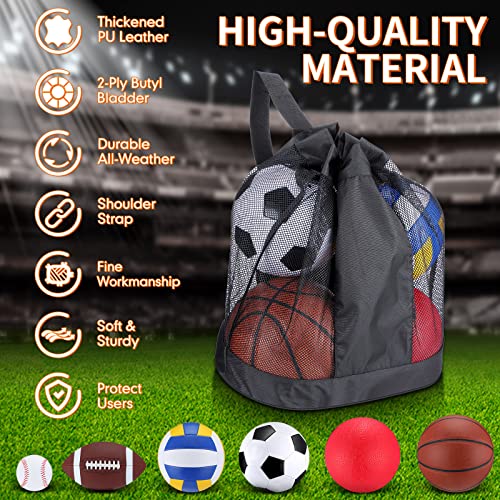 Libima 6 Pcs Multi Sport Ball Set Official Size Football Basketball Soccer Volleyball Playground Ball Baseball with Outdoor Sports Equipment Bag Pump Back to School Sports Gift