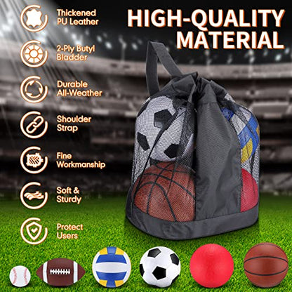 Libima 6 Pcs Multi Sport Ball Set Official Size Football Basketball Soccer Volleyball Playground Ball Baseball with Outdoor Sports Equipment Bag Pump Back to School Sports Gift