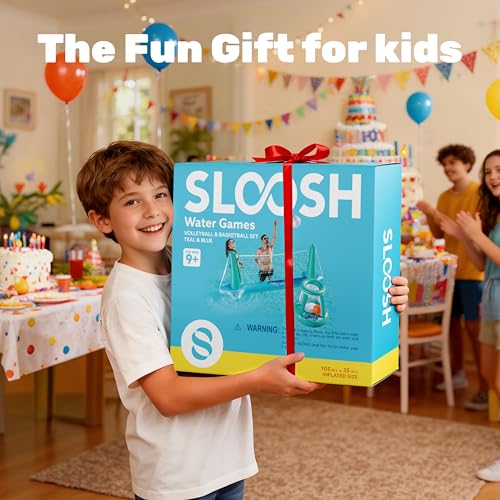 JOYIN Inflatable Pool Float Set Volleyball Net & Basketball Hoops, Floating Swimming Game Toy for Kids and Adults, Summer Floaties, Volleyball Court (105”x28”x35”)|Basketball (27”x23”x27”),L-Blue - color: Blue Cyan, size: Large
