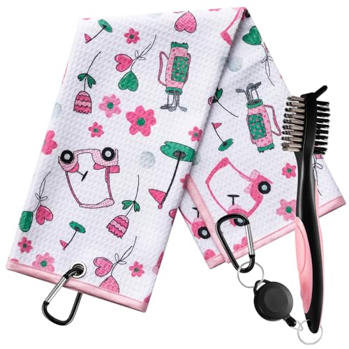 Liliful Woman Golf Accessories Kit Include 19.69 x 15.75 Inches Microfiber Waffle Golf Towel and Club Groove Cleaner Brush for Woman Gifts - color: Mainly Pink and Green