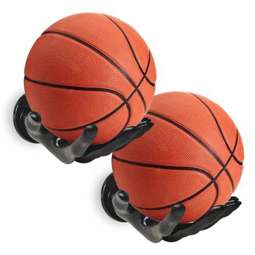 Basketball Holder Wall Mount 2 Piece Set, Men's Room Decoration Game Room Basketball Wall Decor Men's Sport Gifts, Ball Stand Wall Mount, Garage Ball Storage Organizer - color: black