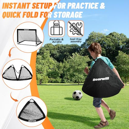 Bearwill Soccer Goal, Kids Soccer Goals for Backyard Set of 2, 4x3ft Portable Soccer Goal Pop Up Soccer Net, Kids Soccer Net Training Equipment with Soccer Ball, Ladder, Cones, Targets