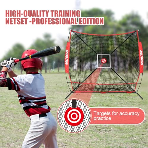 6'X6' Baseball Softball Practice Net,Pitching Net,Batting Net,with Bonus Strike Zone,Target and Bow Frame,for Hitting,Pitching,Catching - size: 6 x 6 FT, style: Full Mouth Version-Red