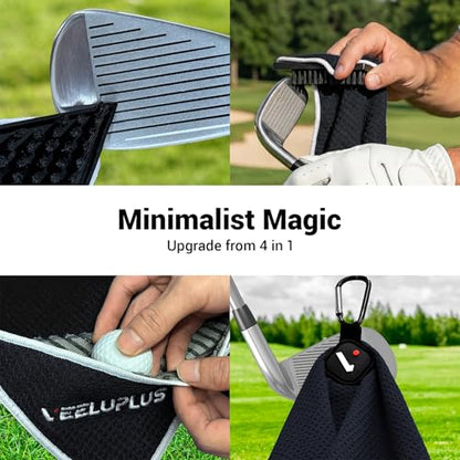 4-in-1 Magnetic Golf Towel with Brush & Cleaning Pocket - Premium Construction Golf Towel- Super Strong Golf Club Cleaner- Microfiber Waffle Design-15.7" X 23.6" Golf Accessories and Gifts for Men - color: Black