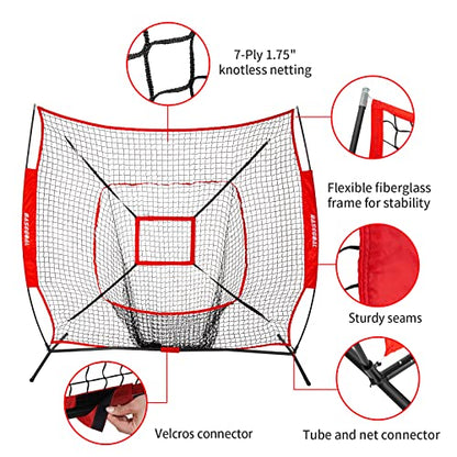 BaseGoal 7'×7' Baseball Softball Practice Net,Baseball Backstop,for Hitting Pitching Batting Catching with Bow Frame,Bonus Strike Zone - style: Red