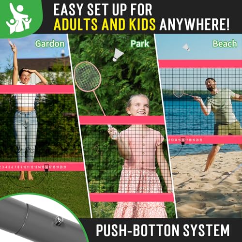 Outdoor Baminton Net Set for Backyard, Beach, Family Games with 20 * 3ft Anti-sag Net, 4 Aluminum Badminton Rackets, 3 Shuttlecocks, Carring Bag - Easy Set Up & Portable - color: Pink