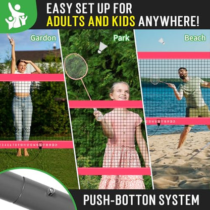 Outdoor Baminton Net Set for Backyard, Beach, Family Games with 20 * 3ft Anti-sag Net, 4 Aluminum Badminton Rackets, 3 Shuttlecocks, Carring Bag - Easy Set Up & Portable - color: Pink