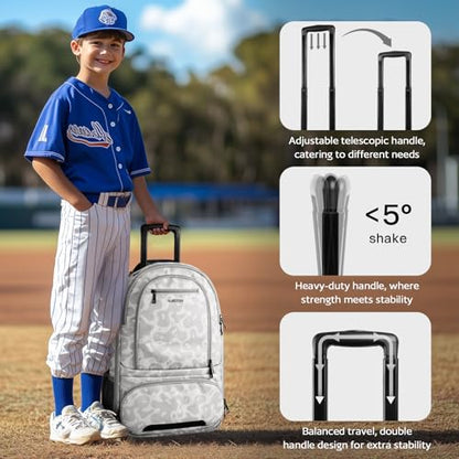 AUROTIER Rolling Baseball Backpack with Off-road Wheels, Wheeled Catchers Gear Bag for Baseball Equipment, 4 Bats, Large Softball Bag for TBall, Helmet & Accessories with Fence Hook - color: White Camo