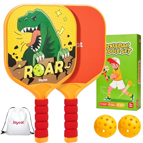 Joycat Kids Pickleball Paddles Set of 2, Lightweight Plastic Cute Pickleball Paddles with Small Grip, 2 Pickleballs, 1 Drawstring Bag,Indoor Outdoor Sport Gift for Kids,Beginner - style: Dinosaur