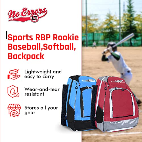 No Errors Sports RBP Rookie Baseball and Softball Backpack - Youth Baseball and Softball Bat Bag with Fence Hooks - Baseball and Softball Equipment Bag for Kids - color: Red