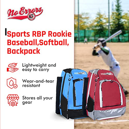 No Errors Sports RBP Rookie Baseball and Softball Backpack - Youth Baseball and Softball Bat Bag with Fence Hooks - Baseball and Softball Equipment Bag for Kids - color: Red