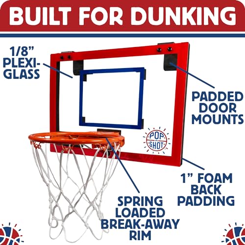 Pop-A-Shot Super Slam Over The Door Mini Basketball Hoop for Adults | 2 Included Basketballs and Pump | Built for Dunks | Breakaway Rim | Shatter Resistant Backboard | 17x12.5 Inches