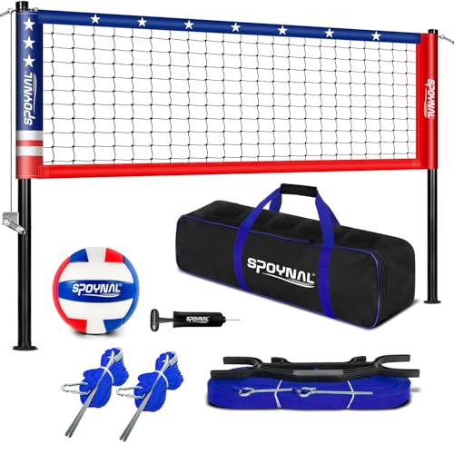 SPOYNAL Outdoor Portable Volleyball Net Set with Adjustable Height Steel Poles, Volleyball, Anti-sag Winch System, Pump, Boundary Line, and Carry Bag for Backyard, Beach, Lawn Red&Blue